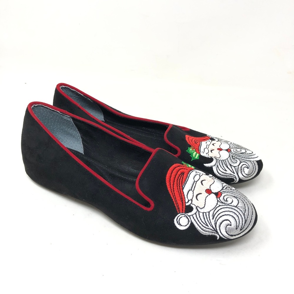 J.Renee Womens 8.5M Christmas Santa Claus Flats Black Red Smoking Slipper Loafer